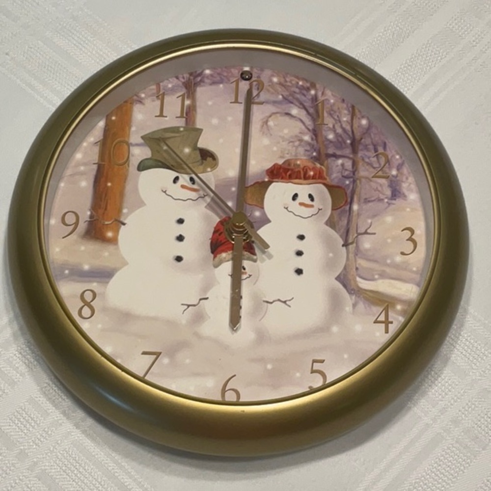 Gold  Snowy Snowman Family Forest Wall Clock with Eight Different Holiday Songs